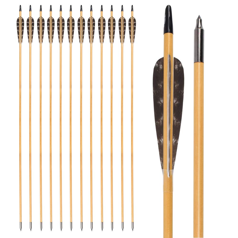30 Inch Wooden Arrows Hunting 4 Inch Turkey Feathers Fletching Practice Target Arrow for Traditional Recurve Bow Horsebow Longbow (Pack of 12)