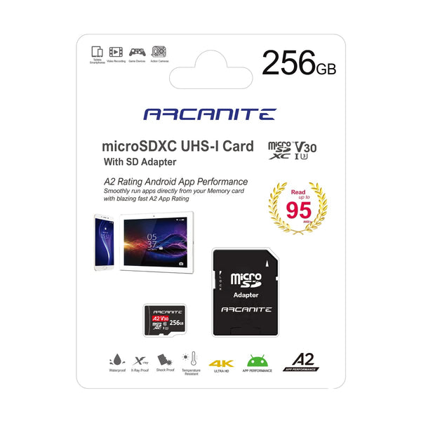 ARCANITE 64GB microSDXC Memory Card with Adapter - A1, UHS-I U3, V30, 4K, C10, Micro SD, Optimal read speeds up to 90 MB/s