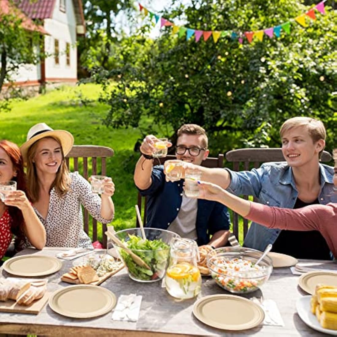 GREENESAGE Rigid 10 inch 100 Pack Disposable Paper Brown Plates Sugarcane Large Strong Dishes for Picnic Wedding Party BBQ