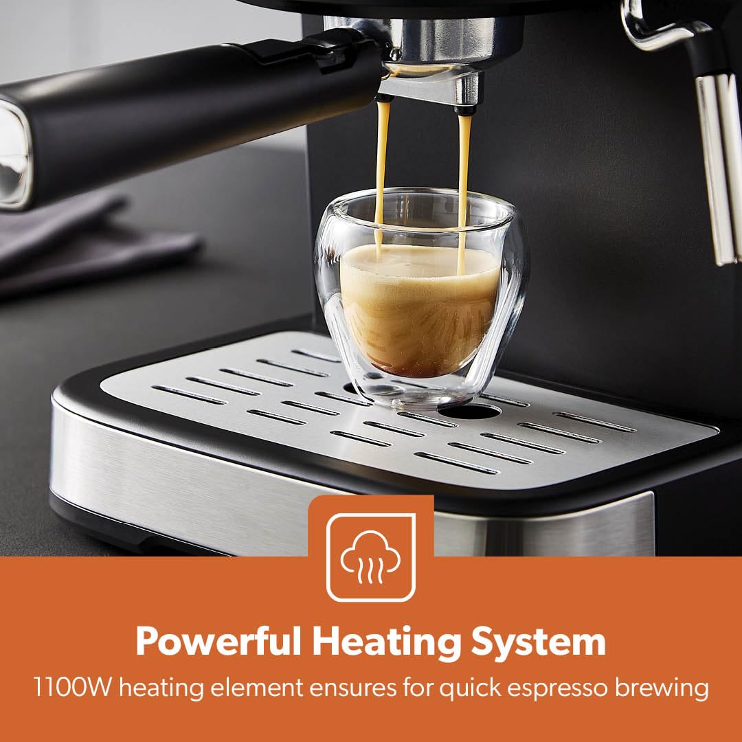 GEEPAS Espresso & Cappuccino Coffee Machine with Milk Frother, 20 Bar Pressure | 1.5L Water Tank Capacity, Stainless Steel Housing | 1100W, Silver, Ideal for Barista Quality Beverages