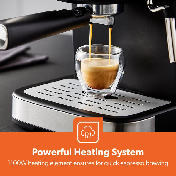 GEEPAS Espresso & Cappuccino Coffee Machine with Milk Frother, 20 Bar Pressure | 1.5L Water Tank Capacity, Stainless Steel Housing | 1100W, Silver, Ideal for Barista Quality Beverages