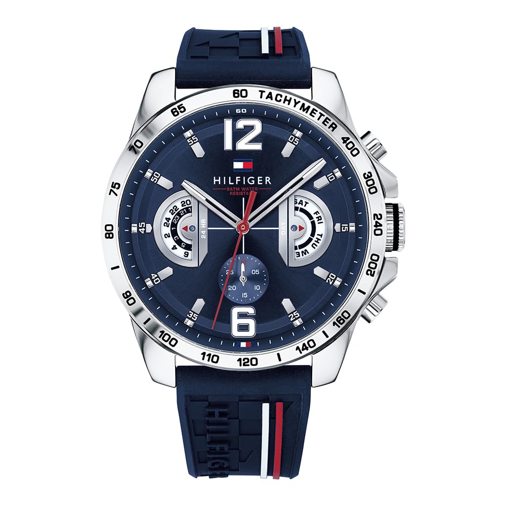 Tommy Hilfiger Analogue Multifunction Quartz Watch for Men with Silicone, Stainless Steel or Leather Bracelet, Day & Date Sub-Dials, 5ATM Water Resistant
