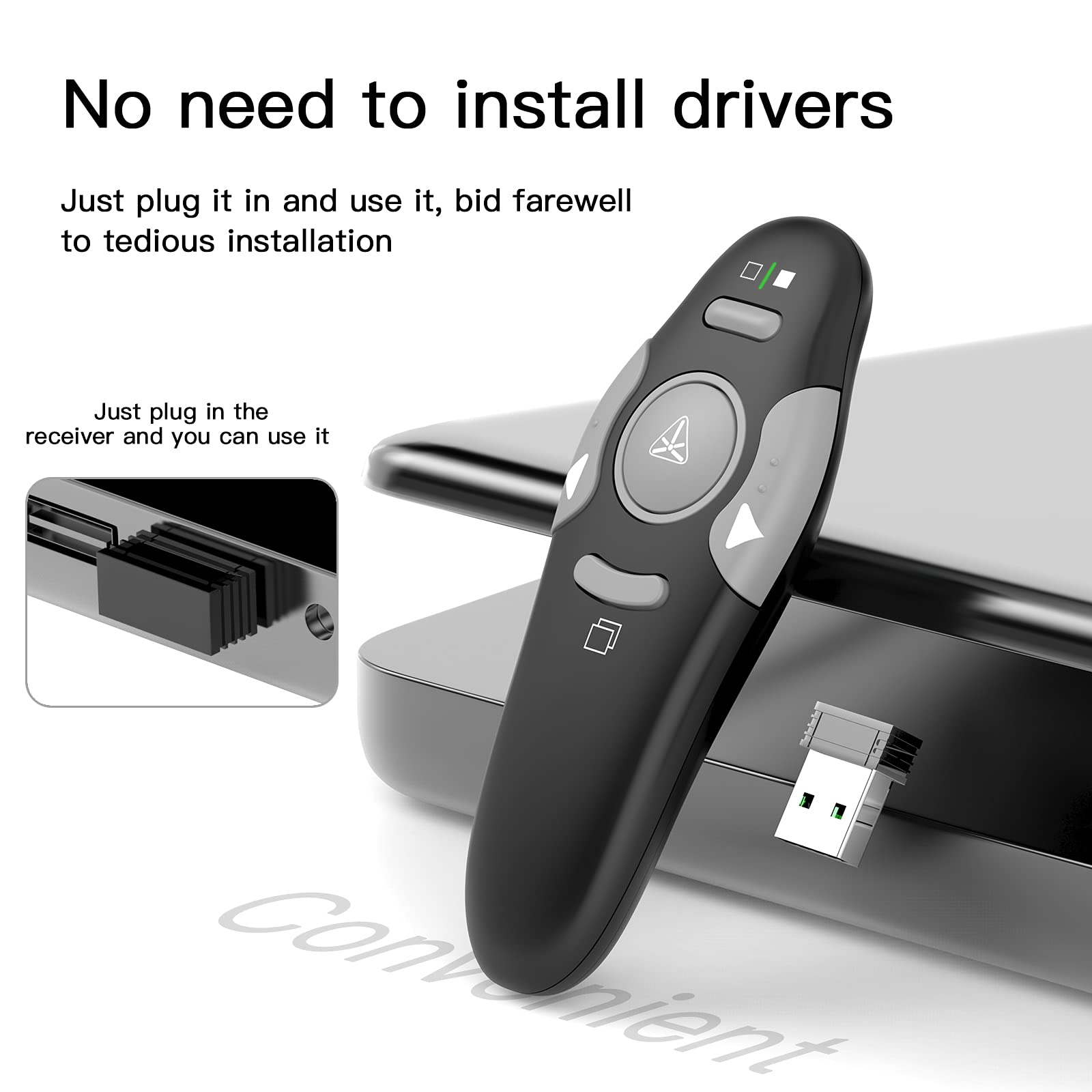 QUI Presentation Clicker Pointer, 328FT Wireless Presenter Remote PPT PowerPoint Clicker, 2.4GHz Presentation Pointer Slide Advancer for Mac, Laptop (Green Function Indicator Light)