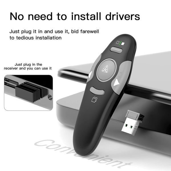 QUI Presentation Clicker Pointer, 328FT Wireless Presenter Remote PPT PowerPoint Clicker, 2.4GHz Presentation Pointer Slide Advancer for Mac, Laptop (Green Function Indicator Light)