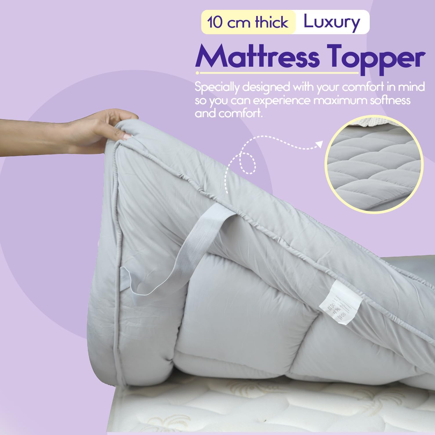Mattress Topper Double Bed - 10CM Extra Thick Double Mattress Topper - 1000GSM Filling Fiber - Luxurious Comfort, Hypoallergenic, Elastic Straps Deep Pocket Thick