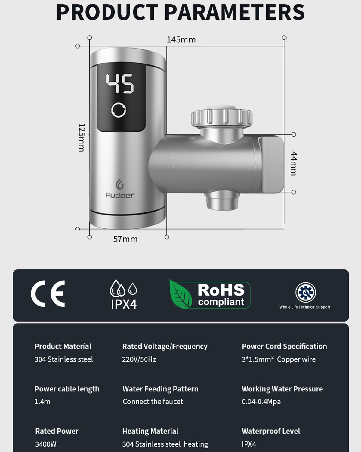 Electric Hot Water Tap for Bathroom, Instant Hot Water Heated Tap for Kitchen, Stainless Steel Water Heater Tap Supply Hot and Cold Water Faucet with Digital Display (Mechanical Spout)