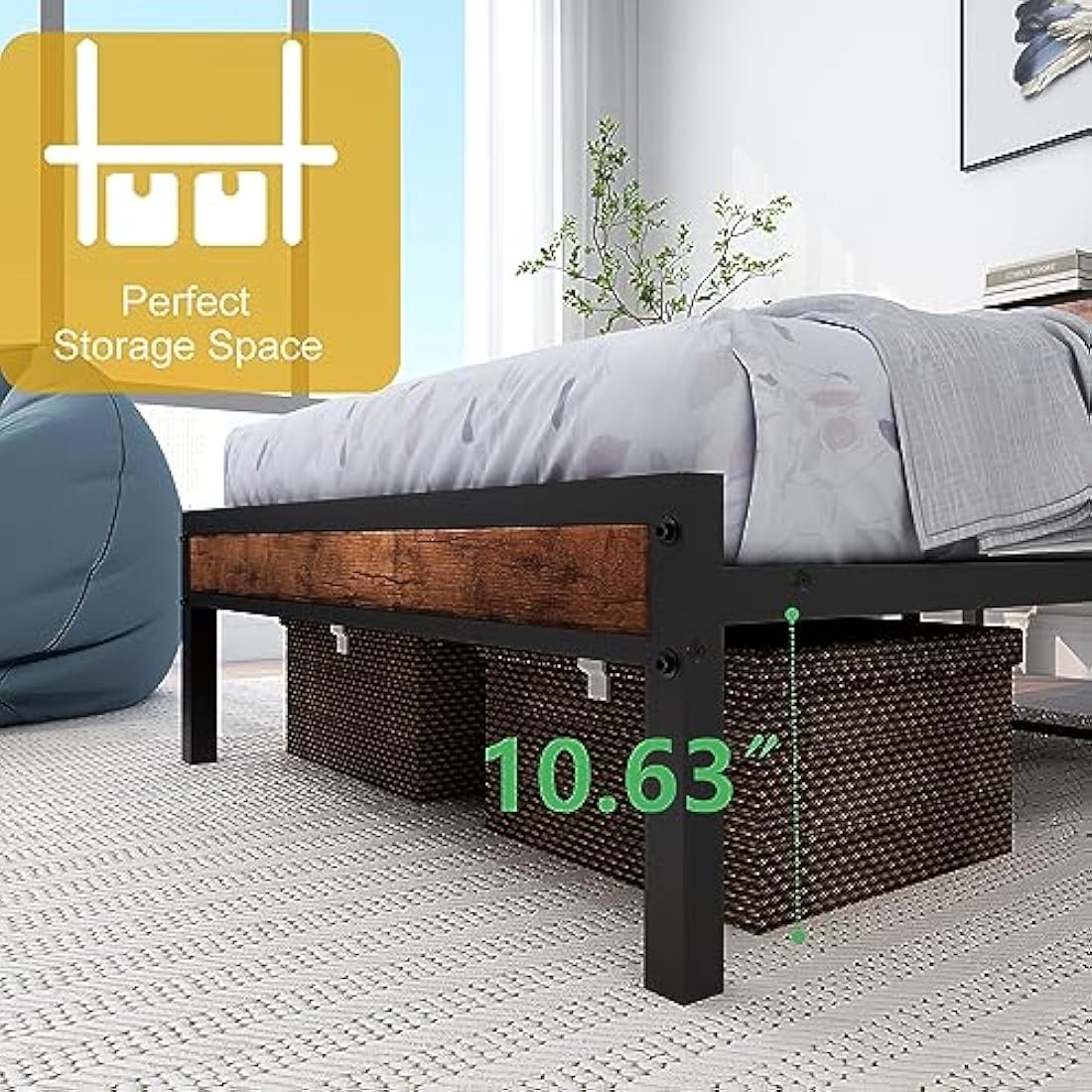 DUMEE Single Bed Frames with Wooden Storage Headboard Shelf, Heavy Duty Metal Bed Frame Single, No Box Spring Needed, Noise Free, Reinforced Strong Support Leg, Textured Black&Brown Oak