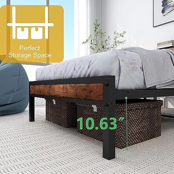 DUMEE Single Bed Frames with Wooden Storage Headboard Shelf, Heavy Duty Metal Bed Frame Single, No Box Spring Needed, Noise Free, Reinforced Strong Support Leg, Textured Black&Brown Oak