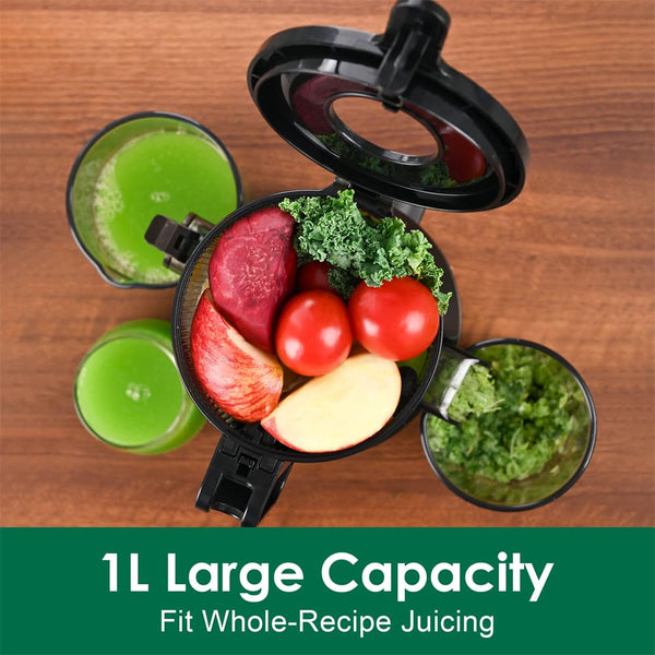 Cold Press Juicer Machines,Fretta Slow Masticating Juicer with 108mm &1.0L Hopper for Whole Fruits and Vegetables,200W Self Feeding High Yield Juice Extractor,BPA Free Tritan, (Black)