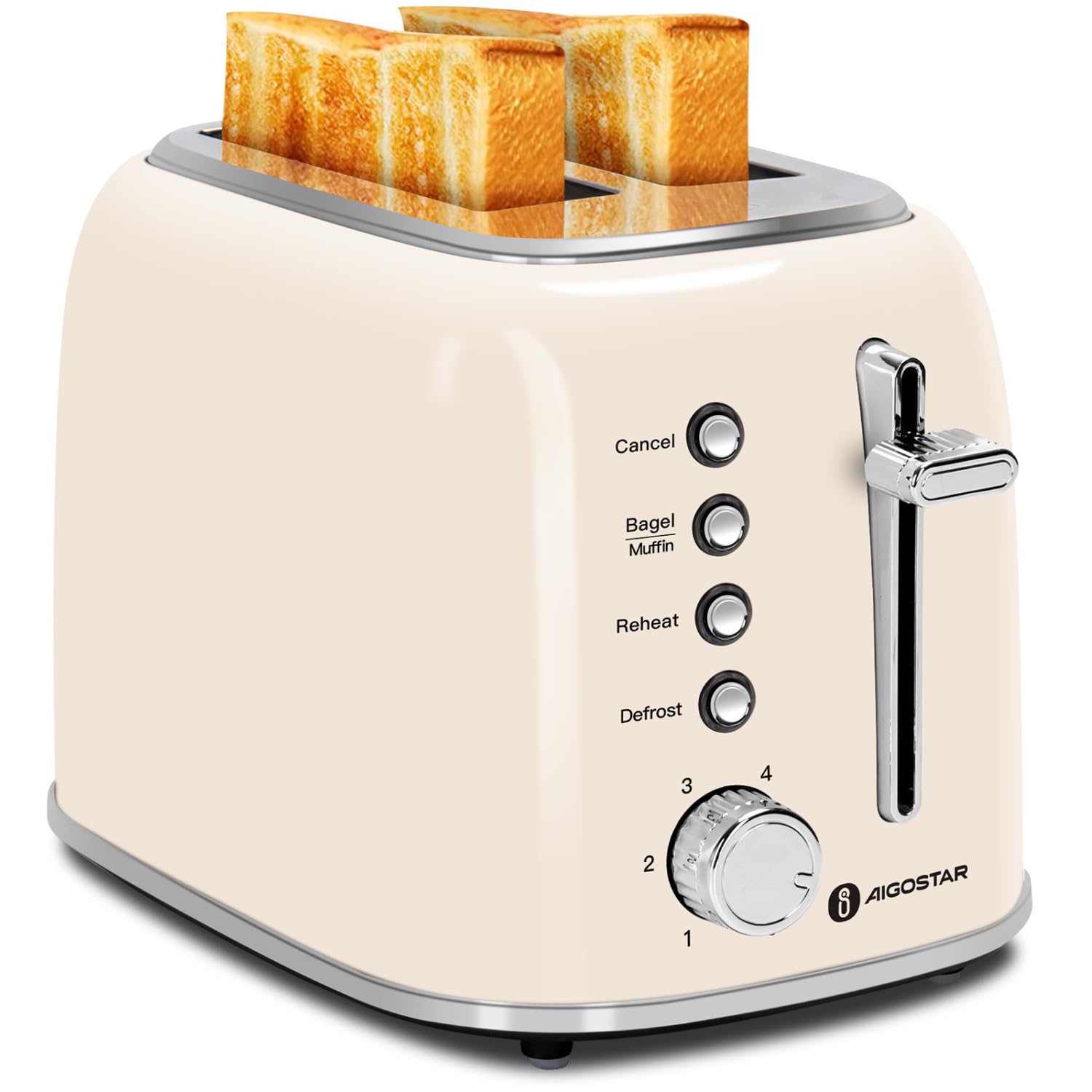 Aigostar Toaster 2 Slice, Retro Wide Slot Stainless Steel Toaster 800W for Toasting Bagels Breads, Defrost Reheat Cancel Functions, 6 Browning