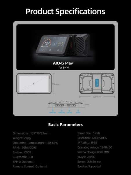 AIO-5 Lite Motorcycle Carplay Android Auto GPS Navigation System, BSD, STARVIS HDR 5" LCD, 60FPS,5G Wi-Fi BT, IP67 Waterproof, Support Siri Google Assistant, 24H Parking Mode, Dedicated App
