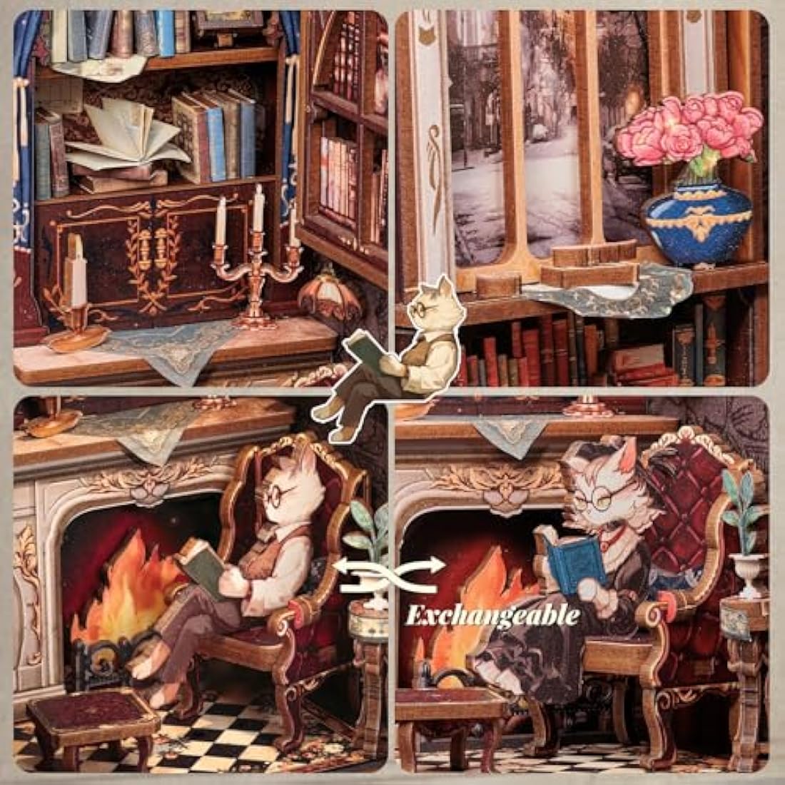 Fsolis Book Nook Kits for Adults, 3D Wooden Puzzles Book Nook, Diy Miniature House Kit Bookshelf Decor Tiny House Model Kits Gifts for Friend (Count Cat's Study)