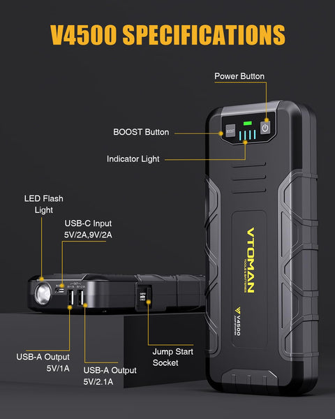 VTOMAN V2500 2500A Jump Starter Power Pack - Portable 12V Car Battery Booster Jump Starter with Jump Leads(Up to 8.0L Gas or 6.0L Diesel Engine), LED Flashlight, Quick Charge, 15V DC Port