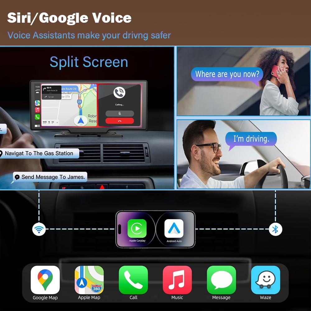 10.26" Wireless Carplay Screen 360 Rotation 4K Dash Cam Carplay & Android Auto Car Stereo Car Audio Receivers with 1080p Backup Camera GPS Navigation/Mirror Link/Voice Control/Siri