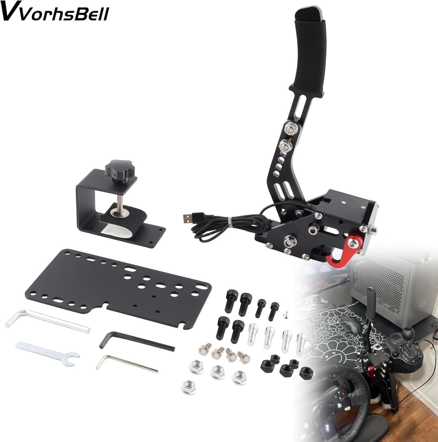 VVORHSBELL USB Handbrake 16 Bit SIM PC Racing Games Compatible with logitech G25 G27 G29 G920 G923 & Thrustmaster T300 T500 Adjustable Linear Handbrake For Simulator Games