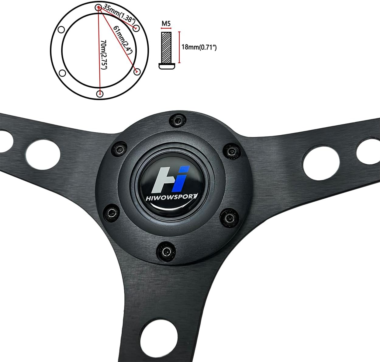 Hiracing 14" Universal Classic Wood Grain Steering Wheel Brushed 3 Spoke 1.5 Depth Steering Wheel with Horn Button 6 bolts (010)