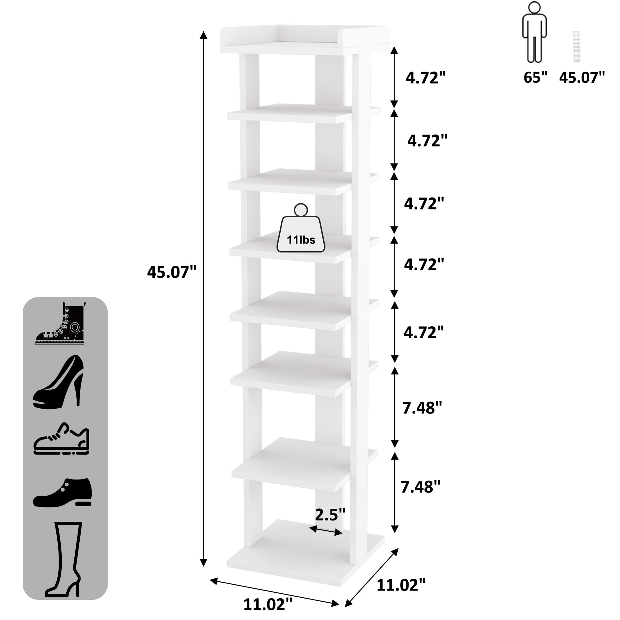 HOME BI 7 Tier Narrow Shoe Rack, Corner Shoe Tower,Slim Shoe Organizer,Wooden Shoe Storage Stand for Entryway, Hallway, Closet, White