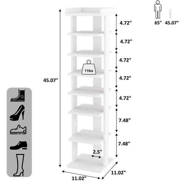 HOME BI 7 Tier Narrow Shoe Rack, Corner Shoe Tower,Slim Shoe Organizer,Wooden Shoe Storage Stand for Entryway, Hallway, Closet, White