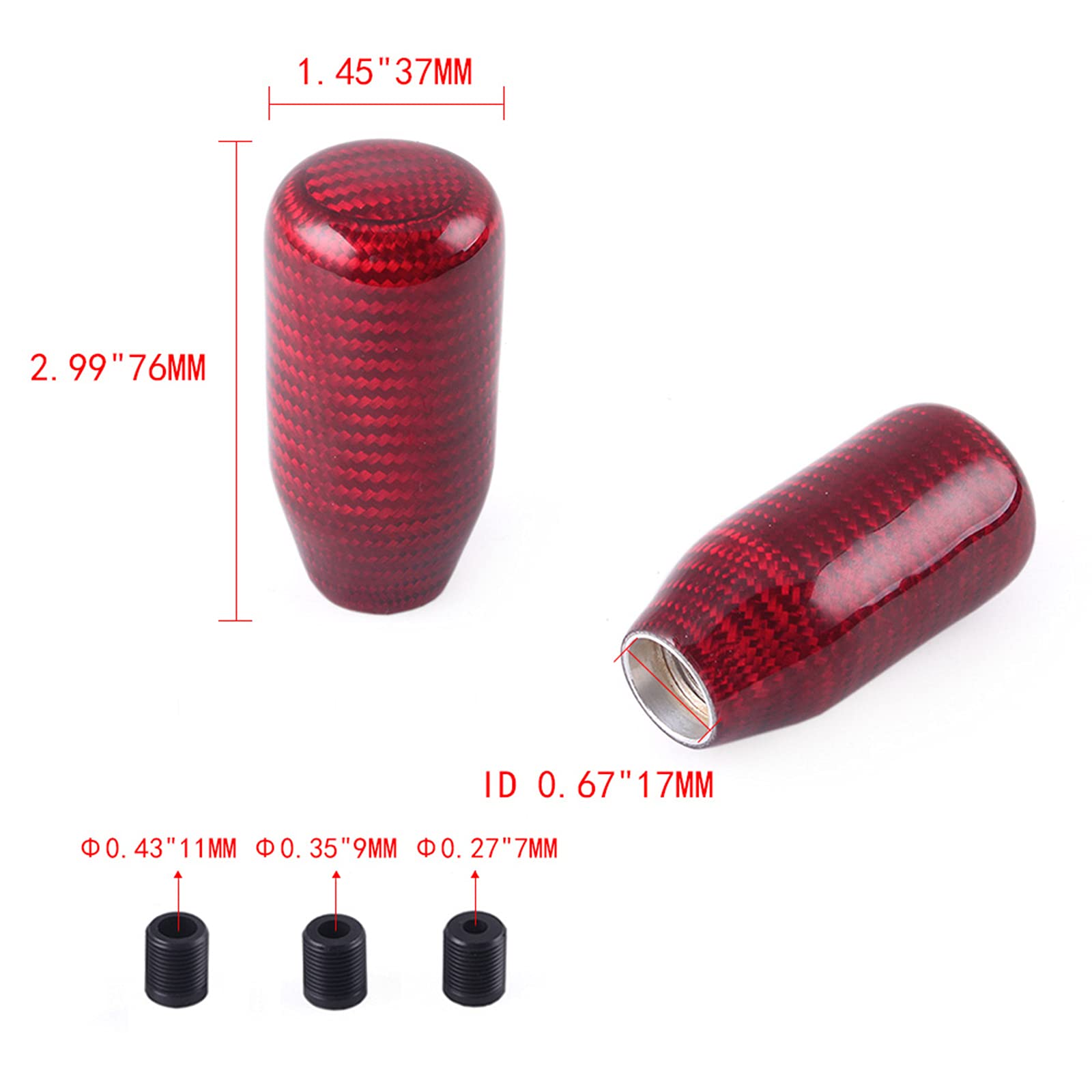 muge racing Carbon Fiber Shift Knob Gear Shifter Knobs with 3 Adapter Most Car Decorations Classic,Red-Long