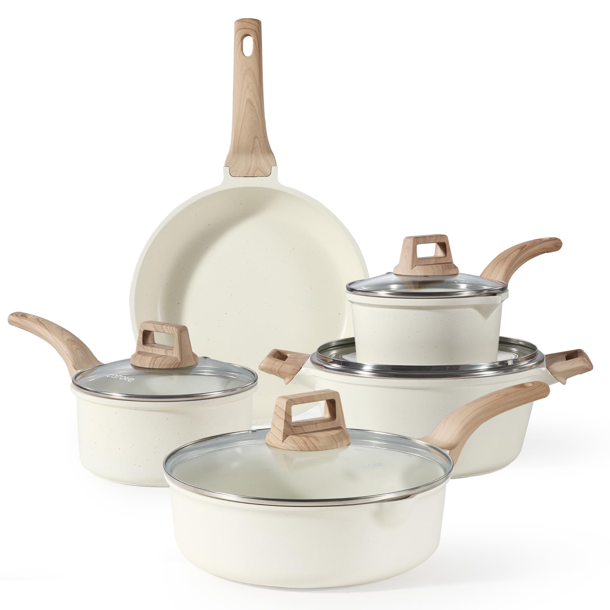 CAROTE Pots and Pans Sets Non Stick, 8 PCS White Granite Induction Hob Pan Set, Natural Non Toxic Cooking Cookware Set with Saucepan Set,Suitable for All Stoves