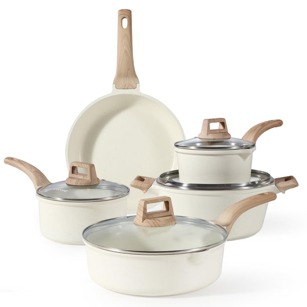 CAROTE Pots and Pans Sets Non Stick, 8 PCS White Granite Induction Hob Pan Set, Natural Non Toxic Cooking Cookware Set with Saucepan Set,Suitable for All Stoves