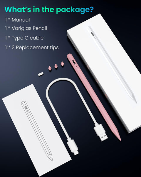 Variglas Pencil for iPad - 2018-2025 15 Minutes Fast Charging, Palm Rejection,Tilt Sensitivity, Stylus Pen Compatible with iPad Pro 11"/12.9"/13", 11/10/9/8/7/6th Gen, Air 3-6, Mini 5/6