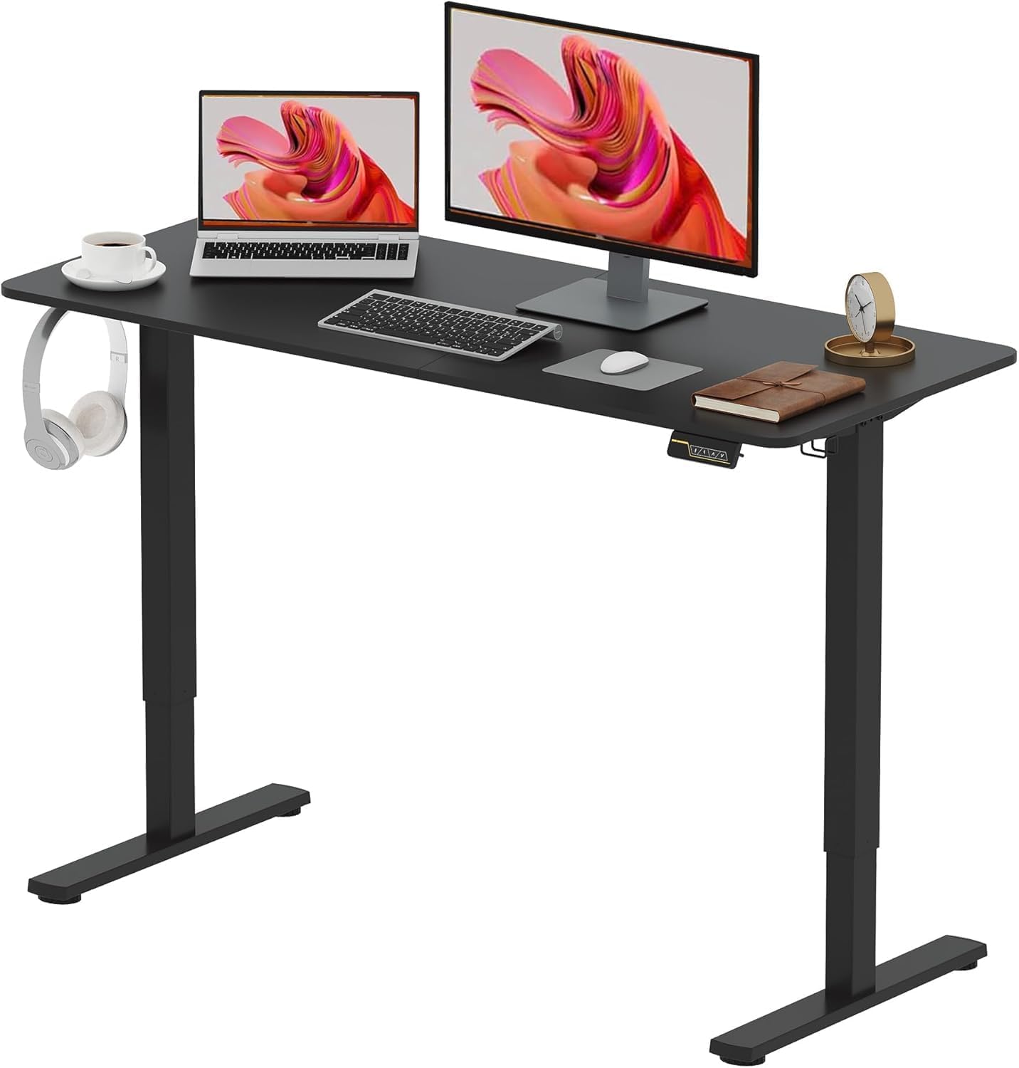SANODESK QS1+140 * 60 Electric Standing Desk Height Adjustable Standing Desk With Memory Smart Panel Sit Stand Table With Hooks and Cupholder for Home Office （Black Frame+ Black Desktop）