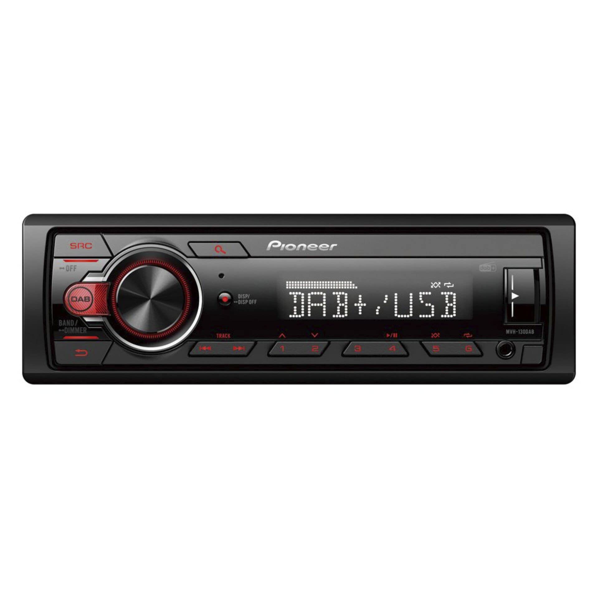 Pioneer MVH-130DAB 1-DIN receiver with DAB/DAB+, Red illumination, USB and compatible with Android devices.