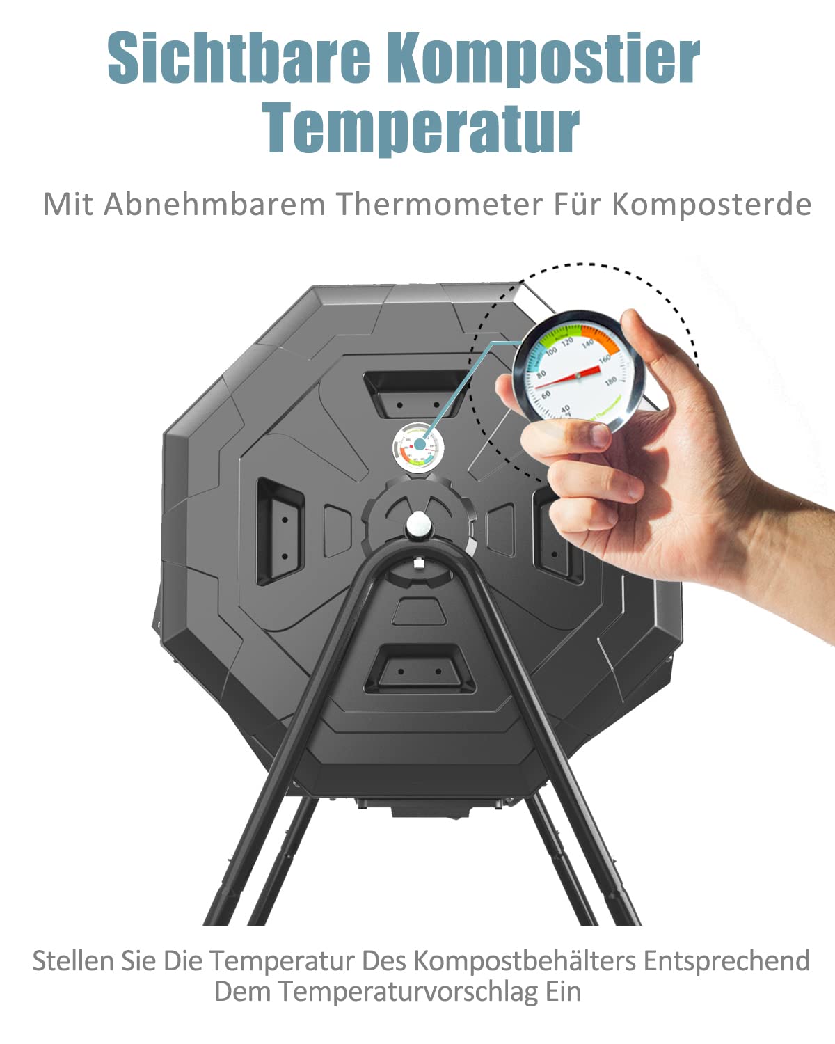 160L Upgraded Tumbling Composter with Compost Thermometer - Dual Chamber Garden Compost Bin (Green)