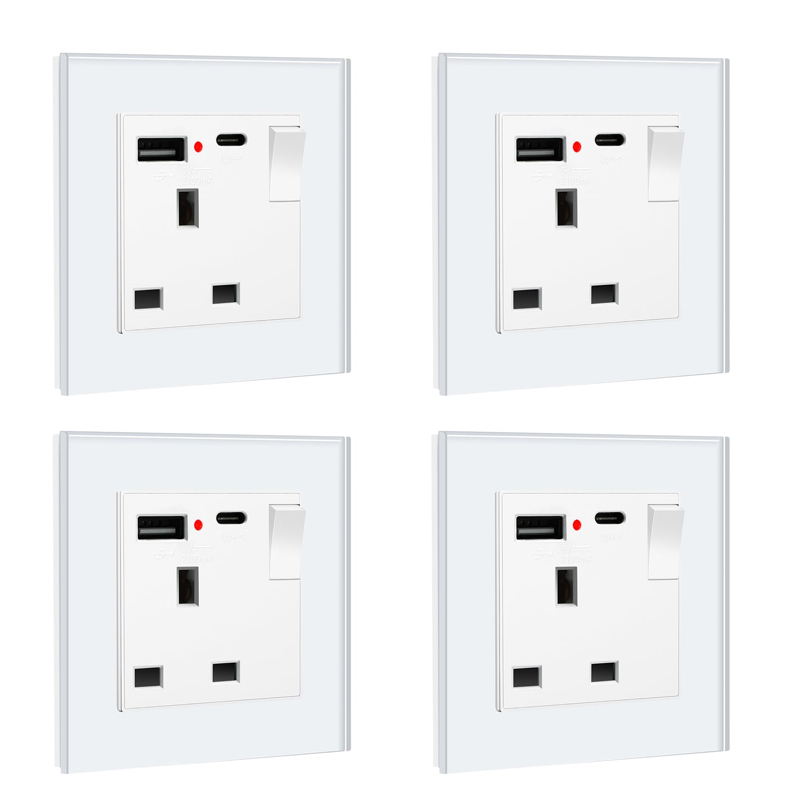 BSEED Double Socket 13A with LED Indicator, Double Switched Wall Socket 2 Gang UK Standard, Electric Switched Plug Power Wall Outlet with Glass Panel, Grey