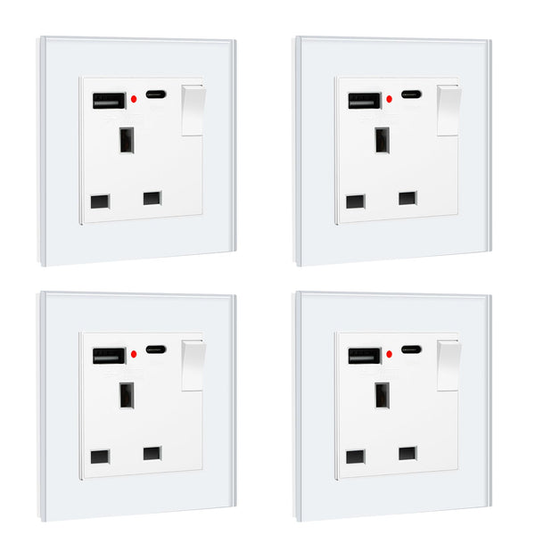 BSEED Double Socket 13A with LED Indicator, Double Switched Wall Socket 2 Gang UK Standard, Electric Switched Plug Power Wall Outlet with Glass Panel, Grey