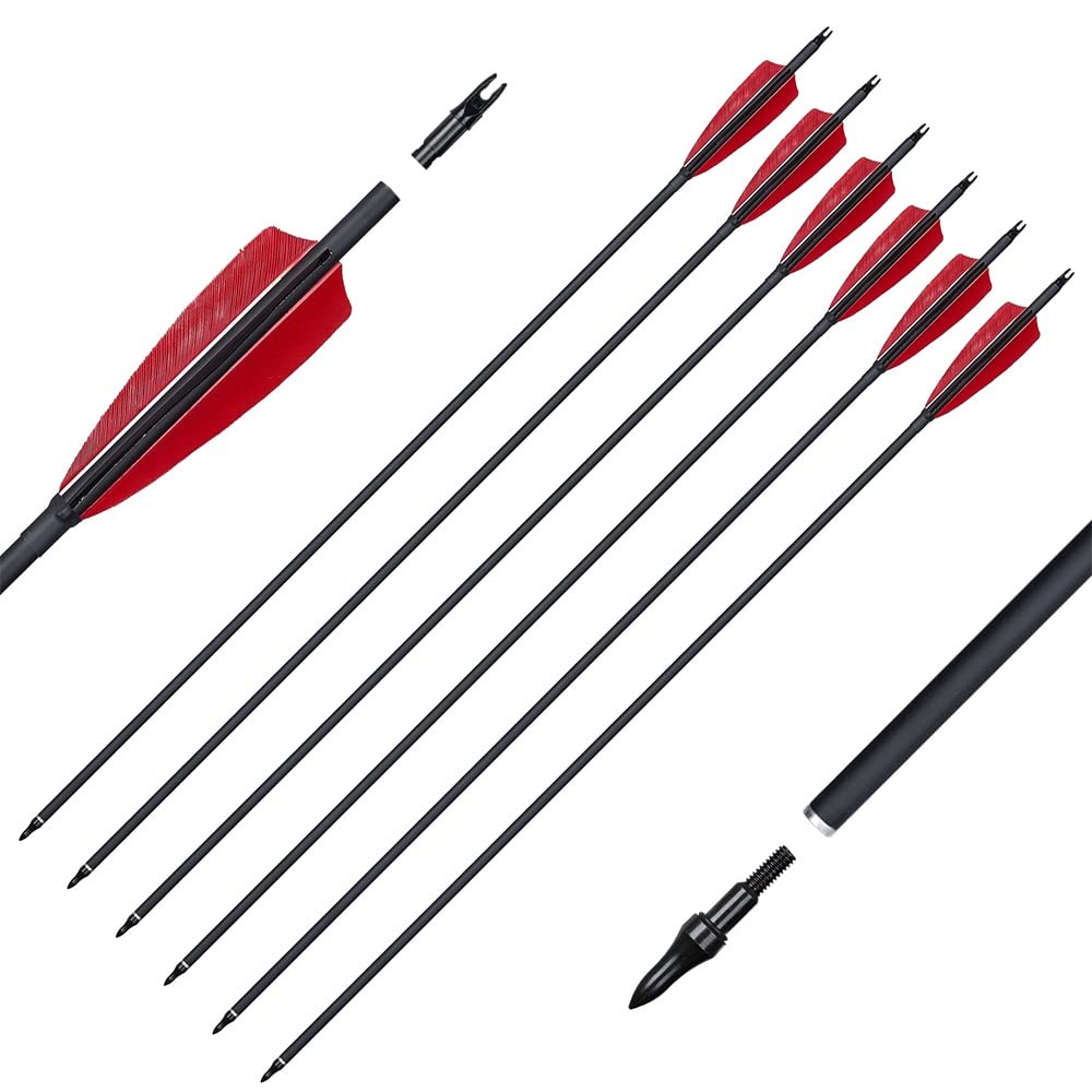 Huntingdoor 12Pcs 30 inch Archery Carbon Arrows Spine 550 Hunting Targeting Arrows with Replaceable Broadhead for Recurve Bow Compound Bow Target