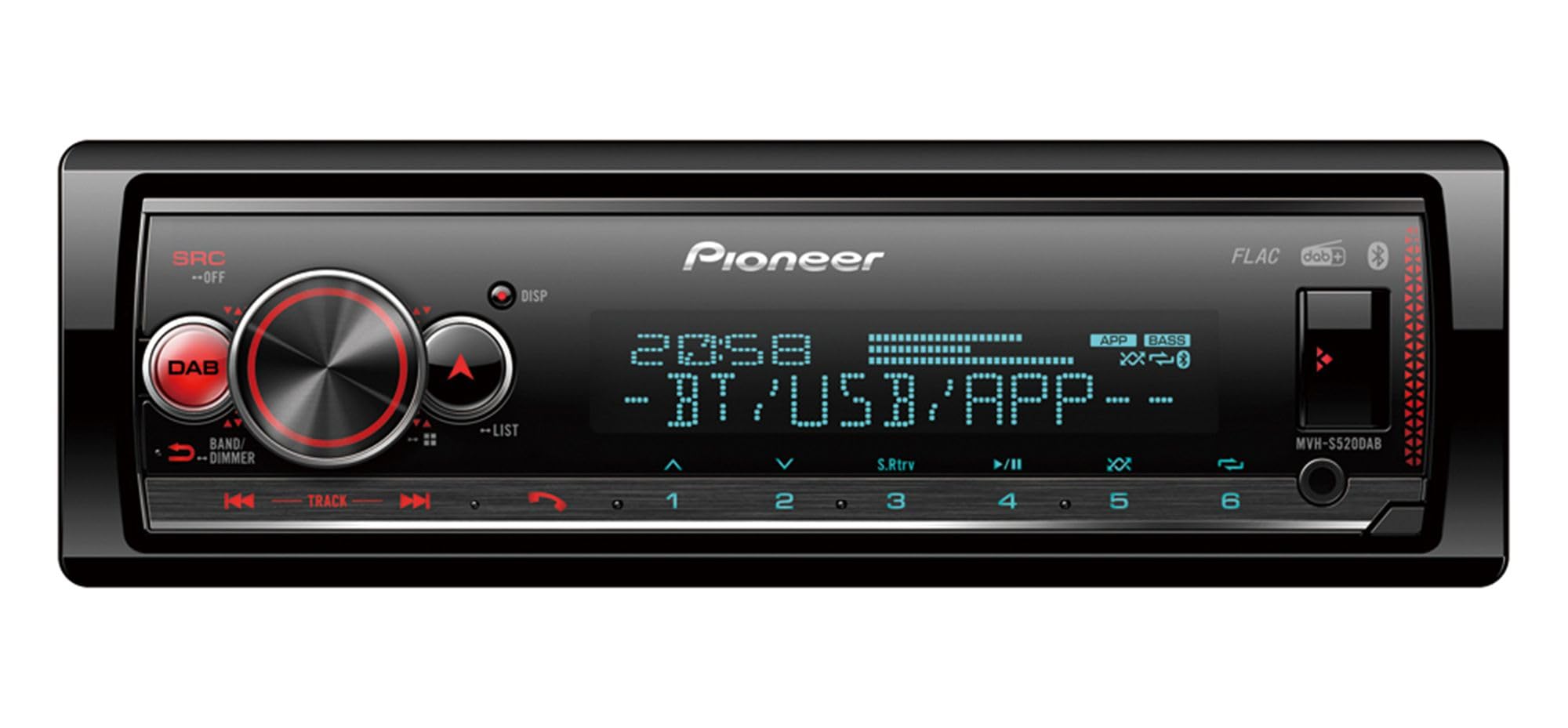 PIONEER 1-DIN receiver with Bluetooth, Red/White illumination, USB/3.5mm Jack, Spotify, Pioneer Smart Sync App and compatible with Apple and Android devices, Red/Black, MVH-S420BT