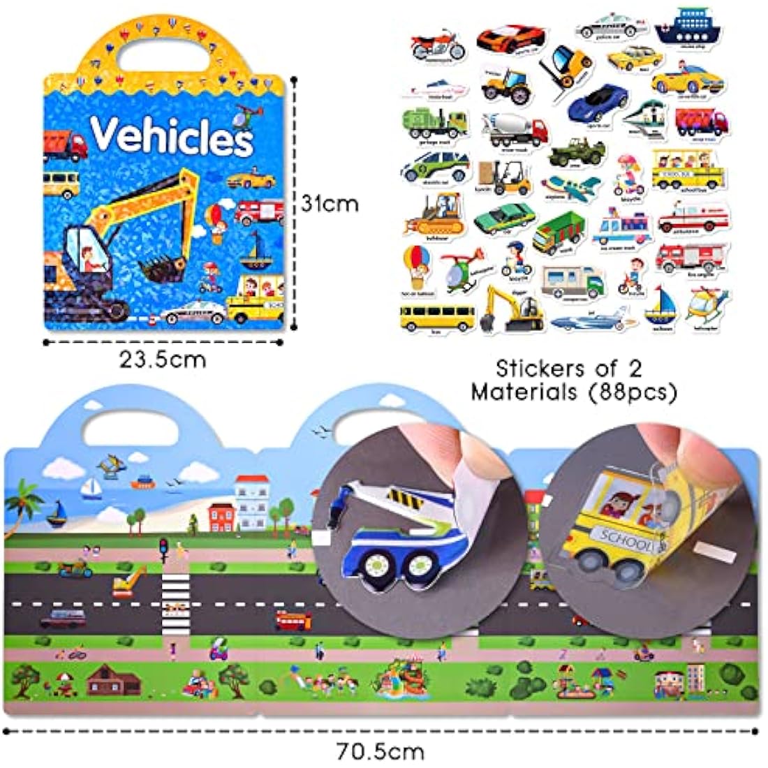 ASTARON Reusable 3D Puffy Sticker Book for Kids, 88 Pcs Cute Waterproof Vehicles Stickers, Puffy Sticker Game Travel Stickers and Educational Sensory Learning Toy（3-6 Age）