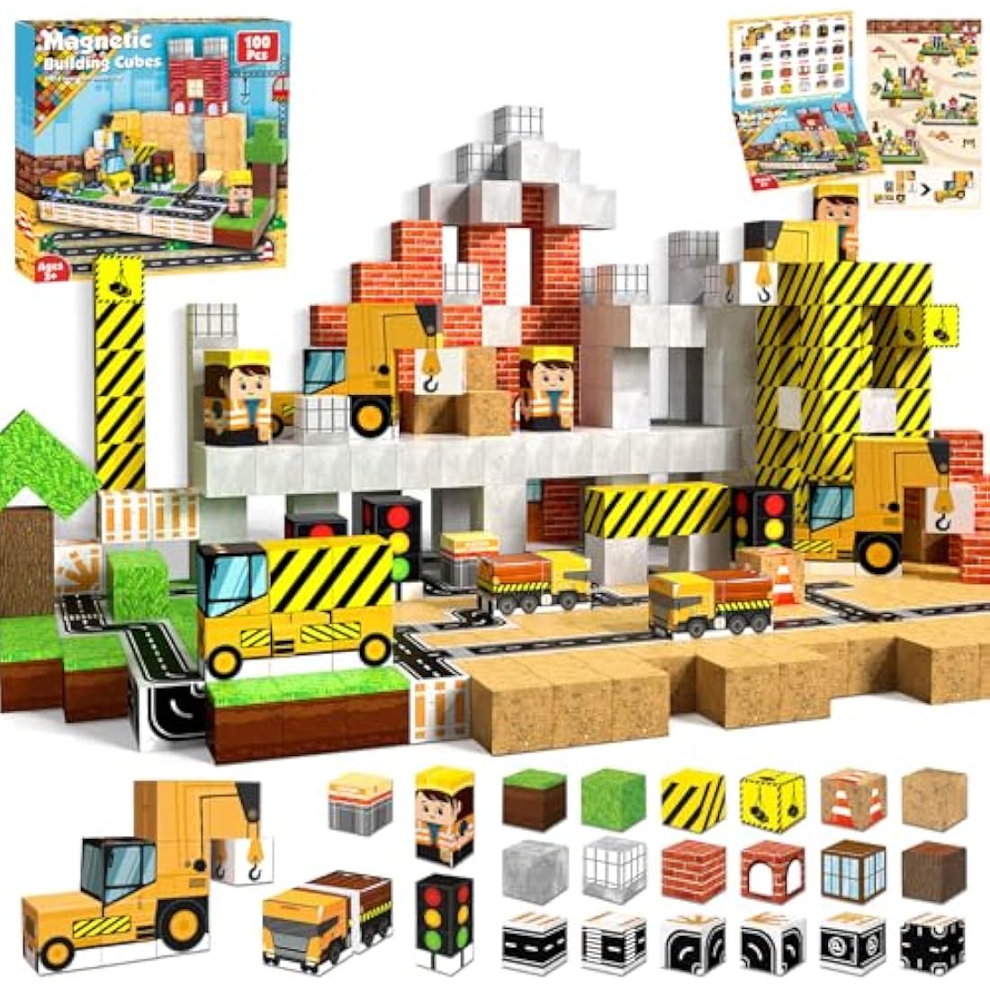 Annexfun Magnetic Blocks-100PCS Magnetic Building Blocks Road with Car STEM Toddler Kids Toys, Stacking Cube Games Tiles Construction Toys for Kids Ages 3+, Christmas Birthday Gifts for Boys & Girls