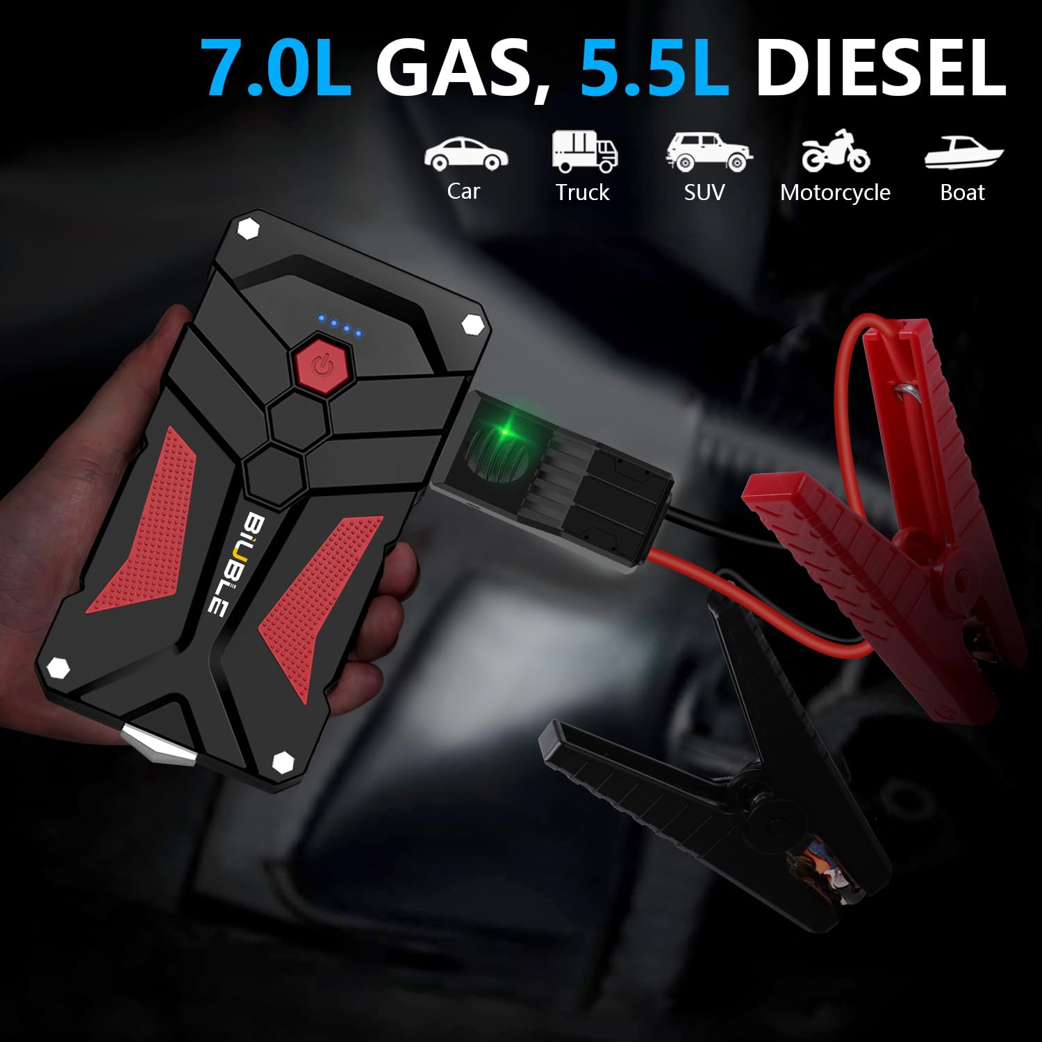 BIUBLE Jump Starter 5000A Car Battery Booster Jump Starter 12V Portable Power Pack (up to 7.0L Gas or 5.5L Diesel Engine), Car Starter Power Bank with LED Flashlight,Force Start