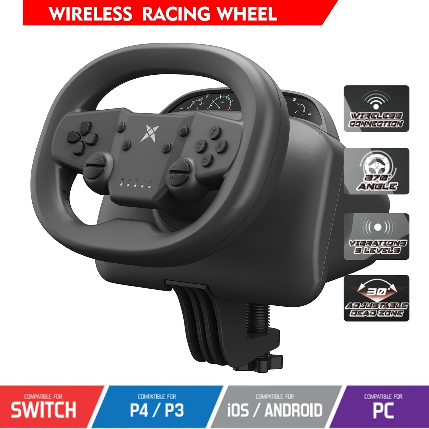 NBCP PS4 Steering Wheel and Pedals, Gaming Steering Wheel for PC, Nintendo Switch, PS4, PS3, IOS & Android Mobile Phones, Pro Racing Wheel with Dual-Vibration Motors, Wireless Bluetooth Connectivity