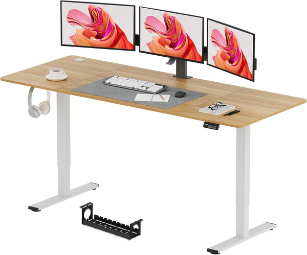SANODESK QS1+140 * 60 Electric Standing Desk Height Adjustable Standing Desk With Memory Smart Panel Sit Stand Table With Hooks and Cupholder for Home Office （Black Frame+ Black Desktop）