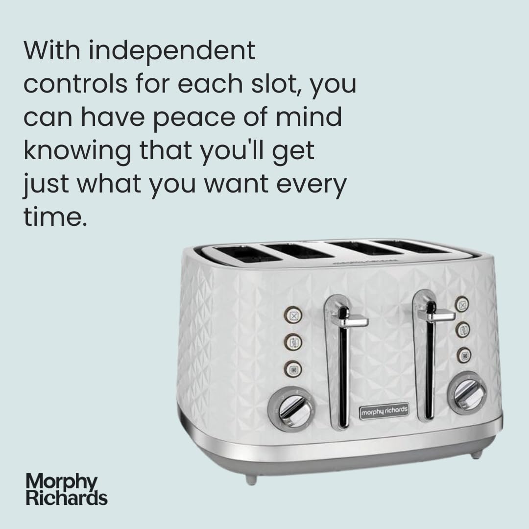 Morphy Richards Vector 4 Slice Toaster, High Gloss Geometric Design, Defrost and Reheat, Variable Width Slots, Removeable Crumb Tray,White, 248134