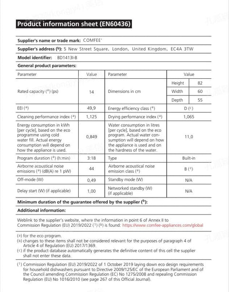 COMFEE' Freestanding Dishwasher FD1435E-X with 14 place settings, Full Size, Whisper Quiet 44dB, Wide LED Display, Delay Start, Half Load Function, Flexible Racks, Stainless Steel