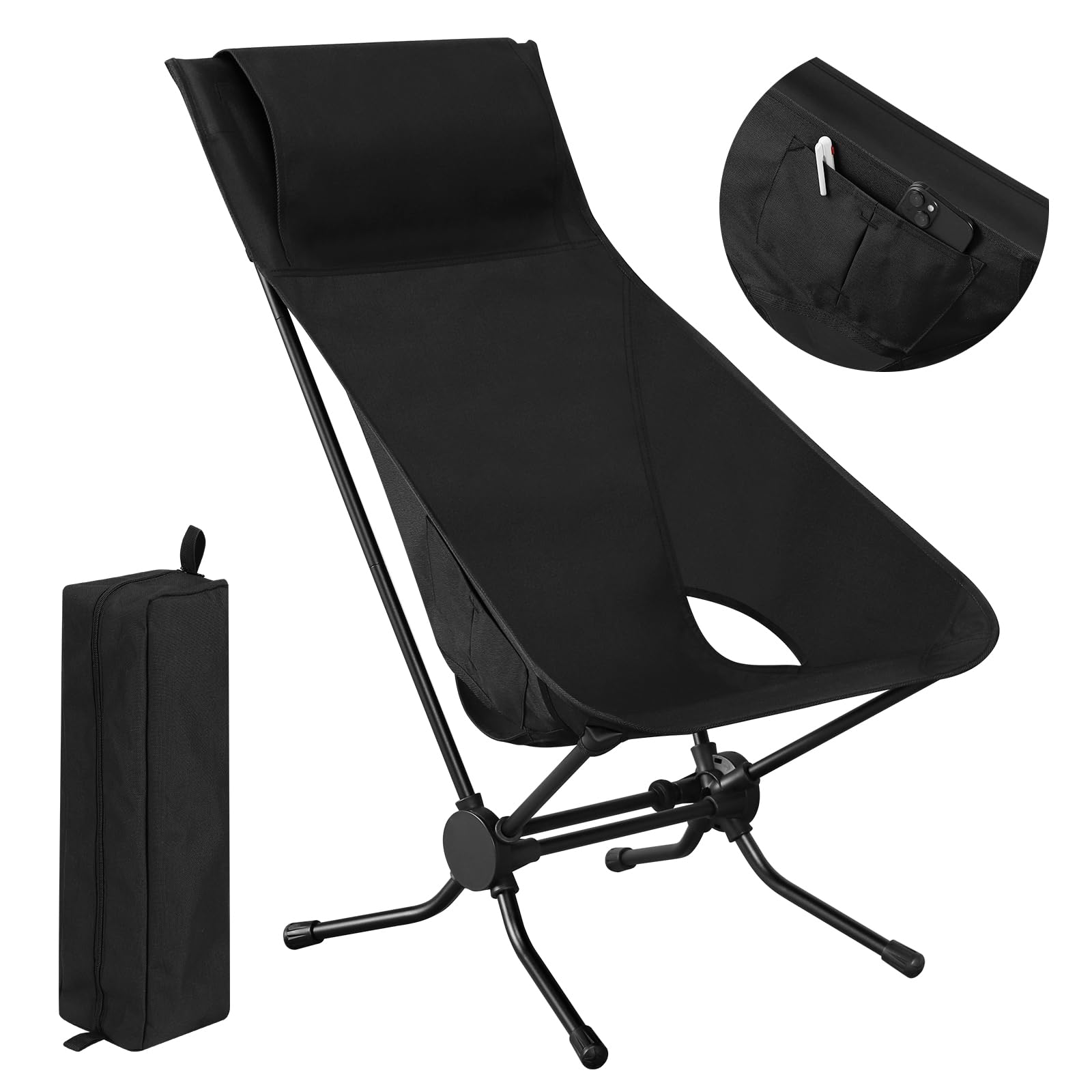 WOLTU Folding Camping Chair, Ultra Lightweight Alu Outdoor Chair, High Back, Portable Chair with Carrying Bag for Fishing, Picnic, Hiking, Heavy Duty 150kg Capacity, Black