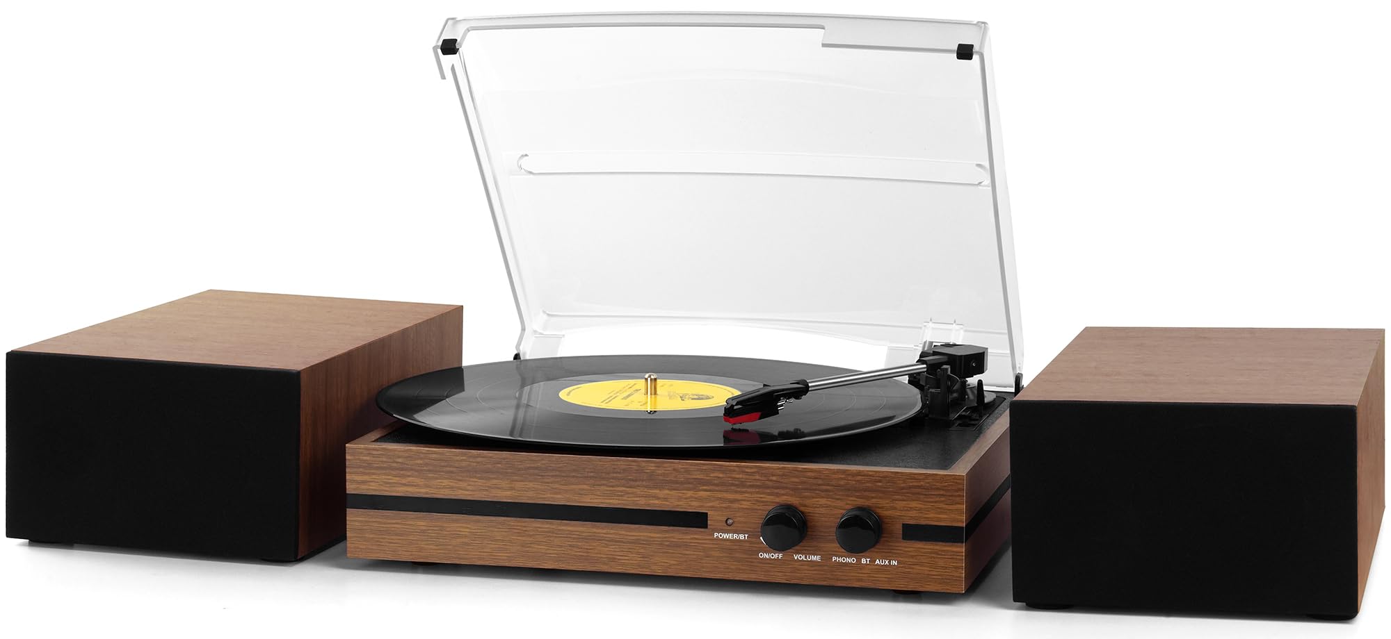 Retro Vinyl Record Player Bluetooth Desktop Phonograph Belt-Drive Turntable with External Speakers,Dual Stereo Speakers LP Players AUX Headphone Input RCA Out, 3 Speeds 3 Sizes Wood Brown