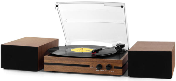 Retro Vinyl Record Player Bluetooth Desktop Phonograph Belt-Drive Turntable with External Speakers,Dual Stereo Speakers LP Players AUX Headphone Input RCA Out, 3 Speeds 3 Sizes Wood Brown