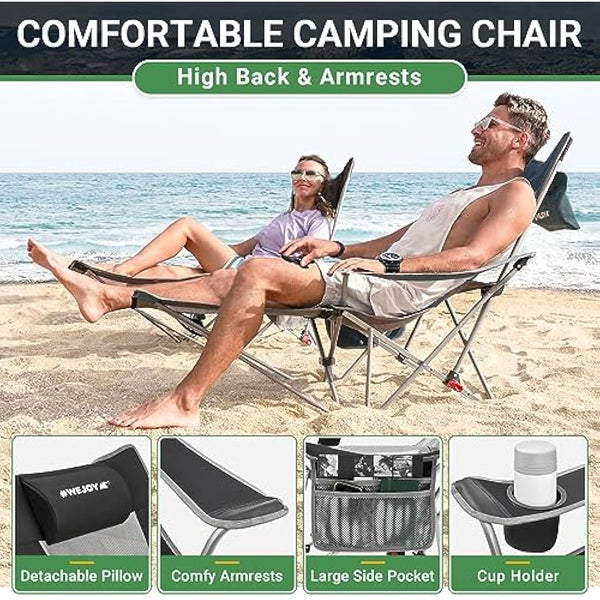#WEJOY Camping Chairs Folding Recliner Chair Adjustable with Detachable Footrest Headrest Cup Holder Lightweight Portable Reclining Camp Chair Fold Up Chair for Outdoor Beach Garden, Black Set of 2