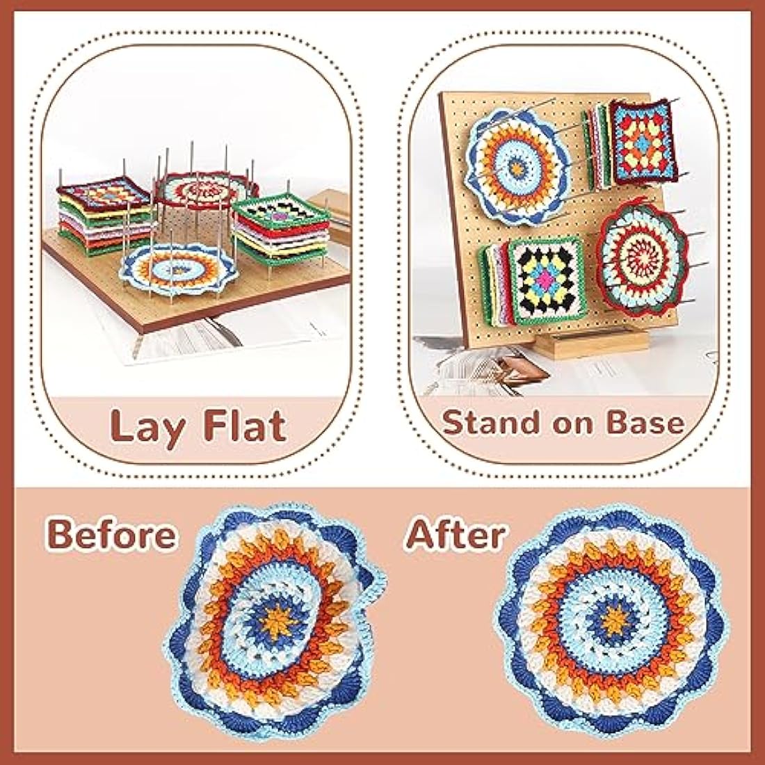 Aeelike Large Granny Square Blocking Board, 11 inch Bamboo Crochet Blocking Board and Pins, Upgrade Blocking Board for Crochet Squares with Recess Stand & Case, Crochet Wooden Blocking Board with Pegs