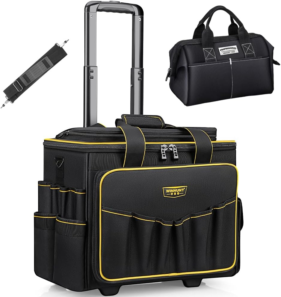 WINNHUNT 46cm Wide Mouth Rolling Tool Bag, 32 Pocket Tool Trolley Bag with Telescopic Handle and 2 Wheels, Black