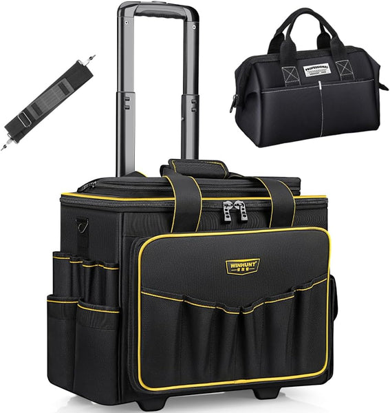 WINNHUNT 46cm Wide Mouth Rolling Tool Bag, 32 Pocket Tool Trolley Bag with Telescopic Handle and 2 Wheels, Black