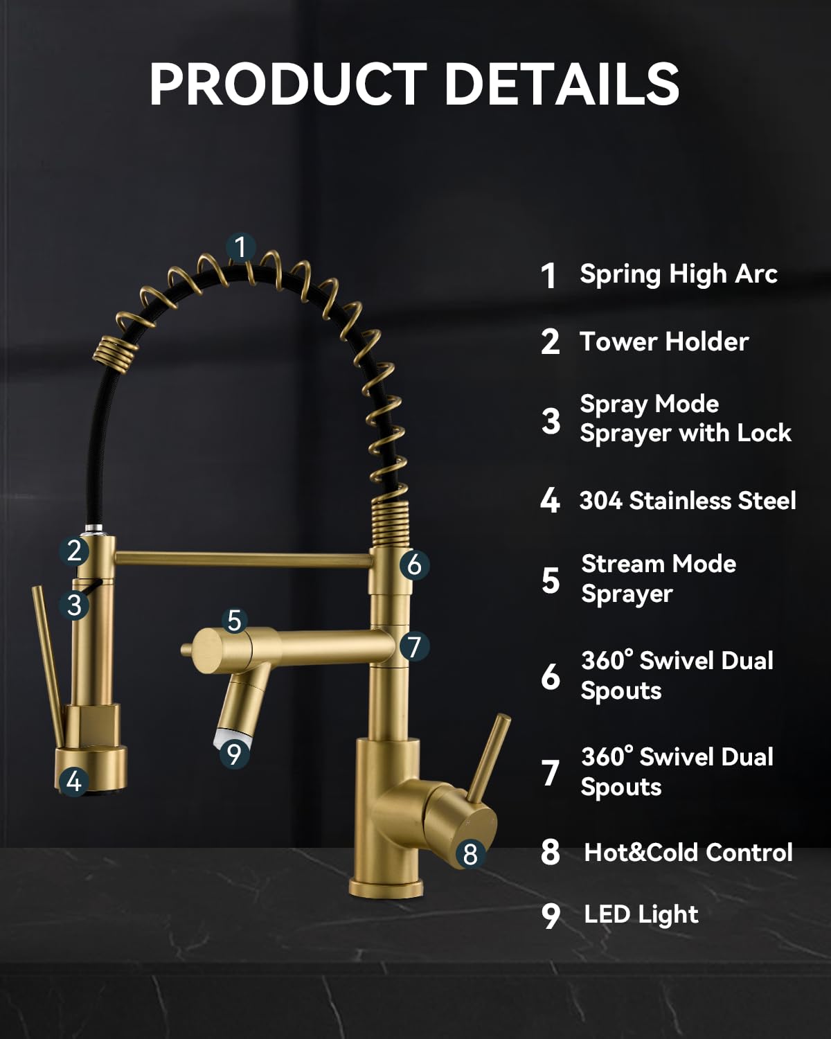 Warmiehomy 5 Modes Kitchen Taps Mixer with Pull Out Spray,High Arc 360° Swivel Dual Spout Pull Down Stainless Steel Kitchen Sink Taps,Brushed Nickel