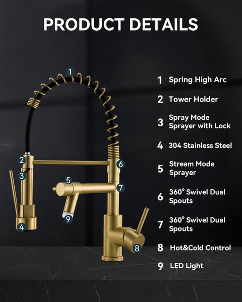 Warmiehomy 5 Modes Kitchen Taps Mixer with Pull Out Spray,High Arc 360° Swivel Dual Spout Pull Down Stainless Steel Kitchen Sink Taps,Brushed Nickel