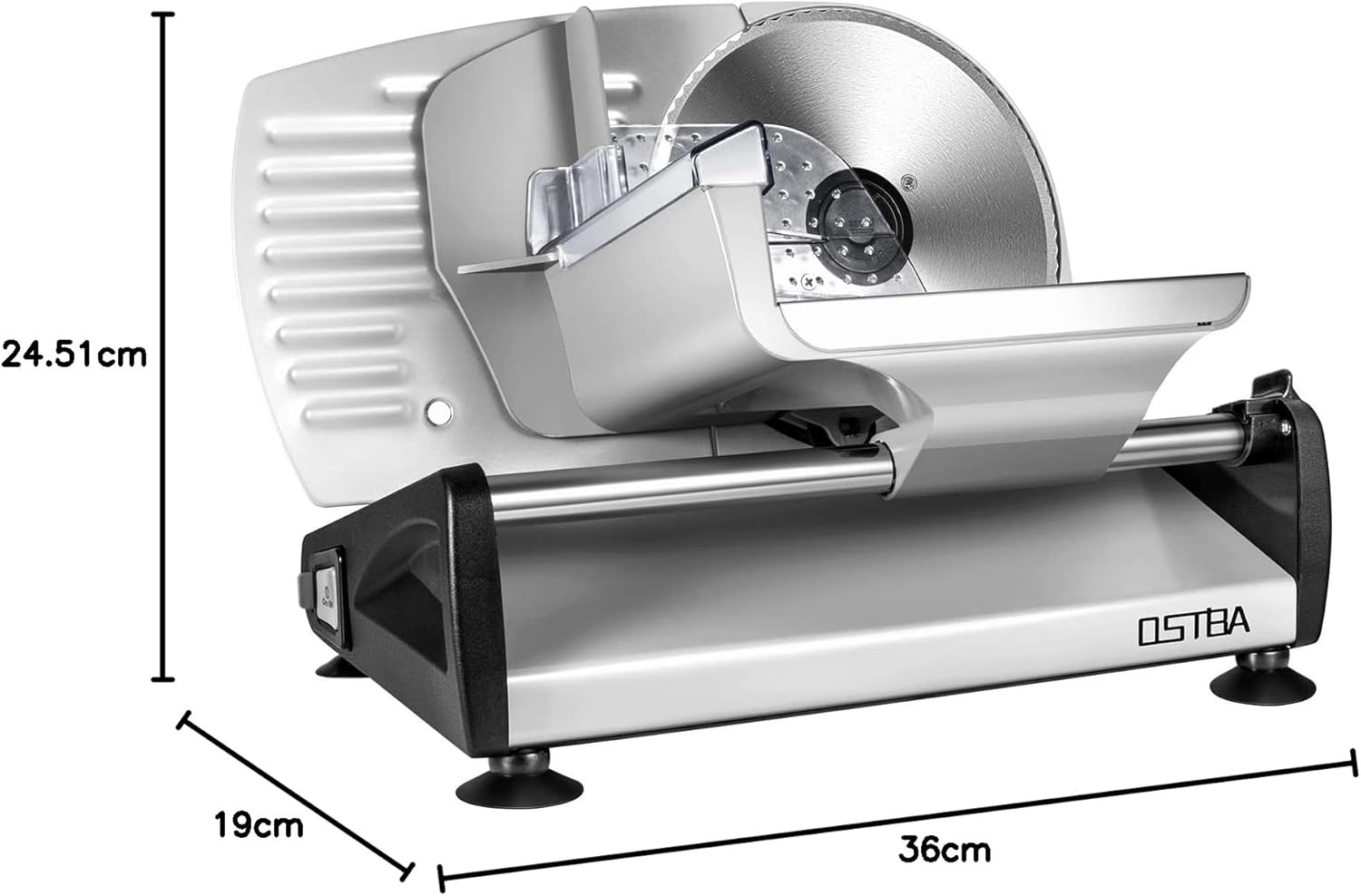 OSTBA SL-518 Electric Deli Food Slicer with Child Lock Protection, Removable 19cm Stainless Steel Blade and Food Carriage, 0-15mm Adjustable Thickness Food Slicer Machine for Meat, Cheese, Bread,150W